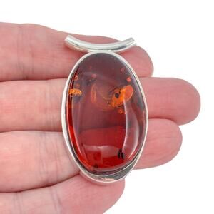 Vintage Sterling Silver 925 Amber Oval Pendant